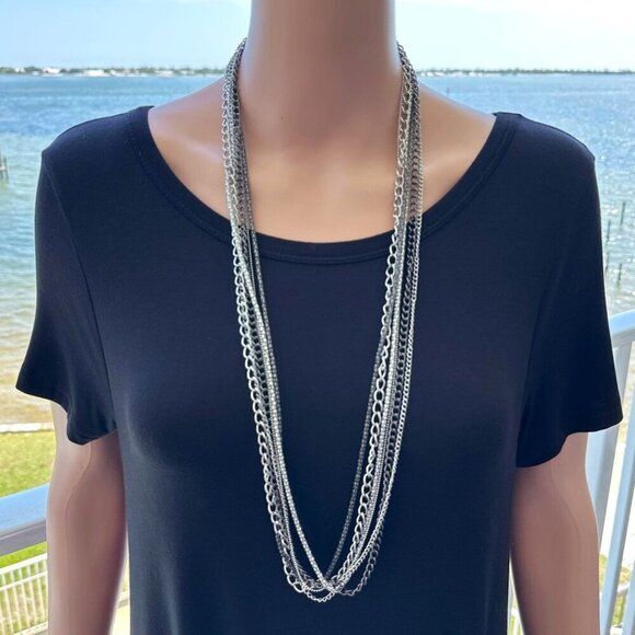 Multi Strand Chain Necklace Long Length Black Gray Silver Tone Adjustable Length - Picture 2 of 3